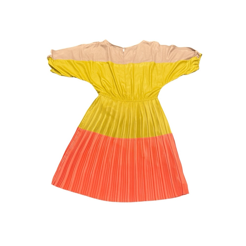 Women's M BCBG Maxazria Pleated Skirt Color Block Dress Slit Sleeves Preowned - Picture 3 of 5